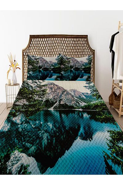 3D ELSE HALI Double Decorative Bedspread - Lake Mountain Landscape Patterned Printed Pique Set