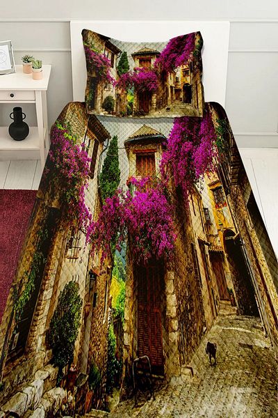 3D ELSE HALI Purple Tree Patterned Street Printed Bedspread - Single Pillowed Pique Set