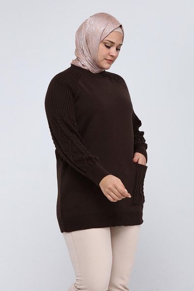 ilmek Women's Large Size Sleeve Hair Braided Pocket Winter Knitwear Tunik 4372