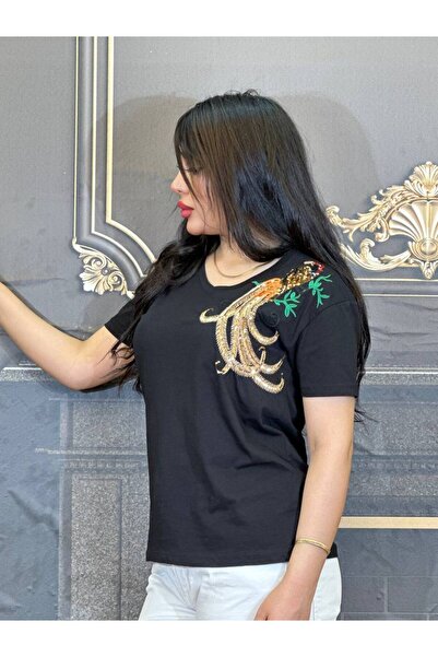 Yeşilmoda tişört pamuklu kumaş taşlı işlemeli yüksek kalite Spor