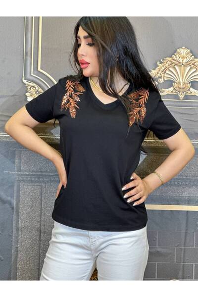 Yeşilmoda tişört pamuklu kumaş taşlı işlemeli yüksek kalite Spor