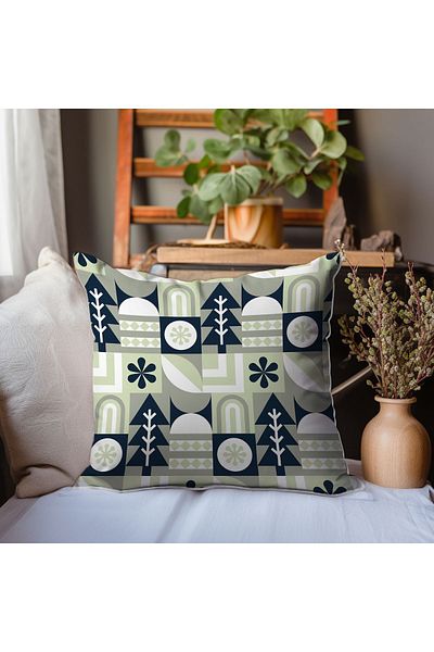 Else Dekor 43x43cm Husă de pernă cu model de copac verde, albastru închis, imprimată digitală - decorativă cu două fețe