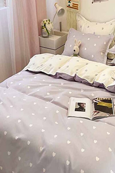 3D ELSE HALI Gri Beyaz Kalpli Çift Taraflı Pamuk Saten Tek Kişilik Nevresim Takımı