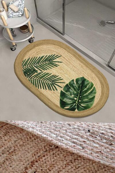 3D ELSE HALI Yeşil Yapraklar Desenli Halat Hasır Jüt Örgü Oval Banyo Halısı K...