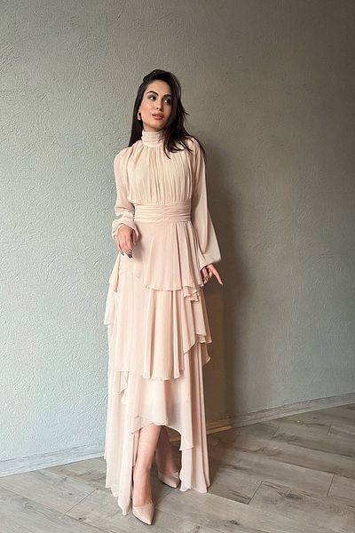 Seda Yalçın Atelier Beige Turtleneck Dress with Drape Detail