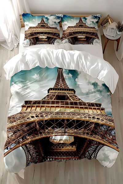 3D ELSE HALI Paris Pattern Printed Eiffel Tower - Cotton Satin Double Duvet Cover Set