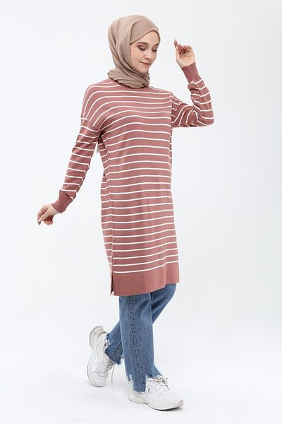 ilmek Women's Striped Long Knitwear Hijab Tunic 4355