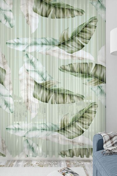 3D ELSE HALI Else Yeşil Beyaz Tüyler Desenli Modern Tek Kanat Tül Perde 140x260