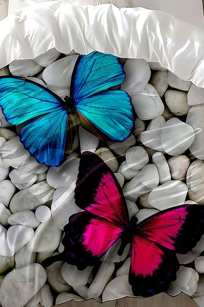 3D ELSE HALI Pink Blue Butterfly Patterned Cotton Satin Double Duvet Cover Set