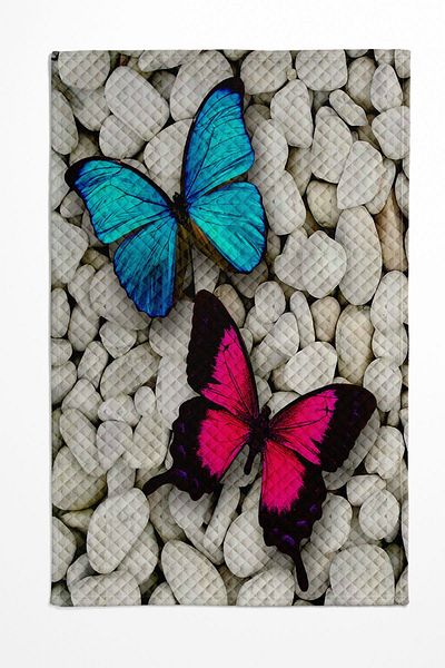 3D ELSE HALI Pink Blue Butterfly Patterned Bedspread - Double Pillowed Pique Set