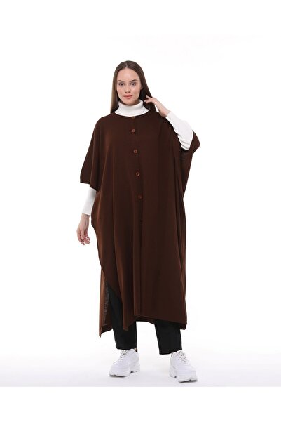 ilmek Γυναικείο Πόντσο Χειμερινό Πλεκτό Μακρύ Χαλαρό Καφέ Κουμπί