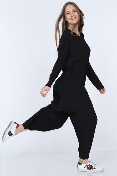 ilmek Γυναικείο μαύρο παντελόνι Hijab Tunic Πλισέ Sandy Διπλό Σετ 5219