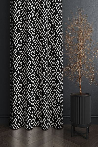 3D ELSE HALI Black and White Lock Patterned Digital Printed Living Room Kitchen Single Wing Background Curtain