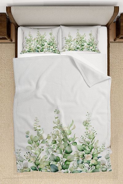 3D ELSE HALI Green Eucalyptus Ivy Patterned Printed Decorative Bedspread Single Pillowed Pique Set