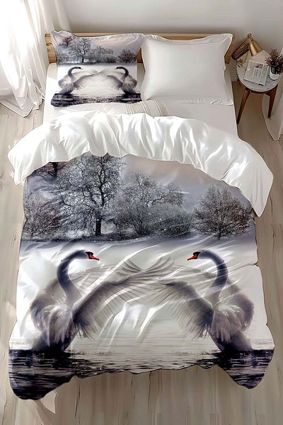 3D ELSE HALI Single White Swans Patterned Cotton Satin Children's Bedding Set