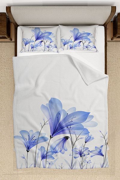 3D ELSE HALI Blue Floral Patterned Printed Decorative Bedspread Single Pillowed Pique Set