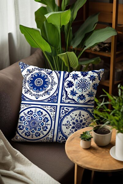 Else Dekor 43x43cm Digital Printed Blue and White Tile Patterned Throw Pillow Cover - Double Sided Decorative