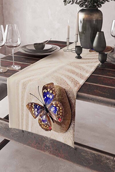 Else Dekor Yellow Beach Blue Butterfly Patterned Printed Stain Resistant Washable Decorative Tablecloth Runner