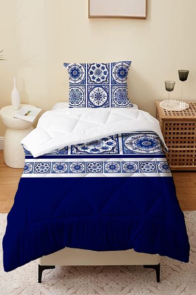 3D ELSE HALI Single Blue and White Tile Pattern - Children's Microfiber Quilted Quilt Pillow Set