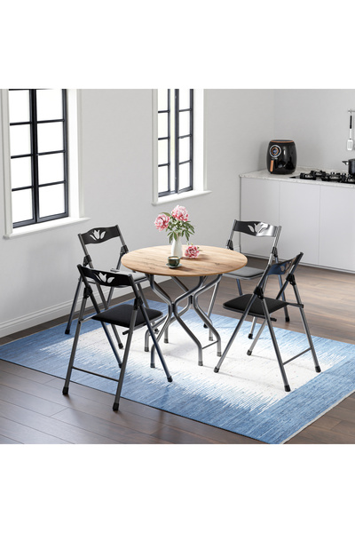 eportatif Mutfak Masa Sandalye Takımı Bahçe Yemek Masa Seti Yuvarlak Çam 1387