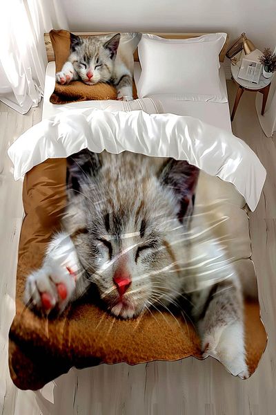3D ELSE HALI Cat Patterned Cotton Satin Children's Duvet Cover - Single Set