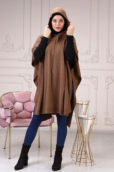 ilmek Γυναικείο πόντσο με κουκούλα 4304 Milk Coffee Lace Up