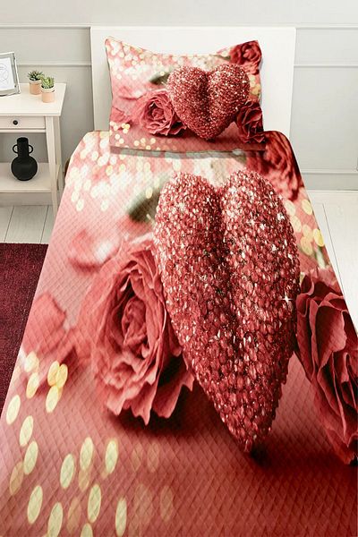 3D ELSE HALI Pink Diamond Patterned Bedspread - Single Pillowed Pique Set