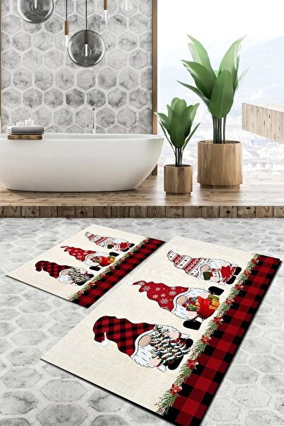 Else Dekor Else Red Cute Dwarfs Christmas Миещ се неплъзгащ се комплект тоалетна чиния от 2 части Подложка за баня Килим
