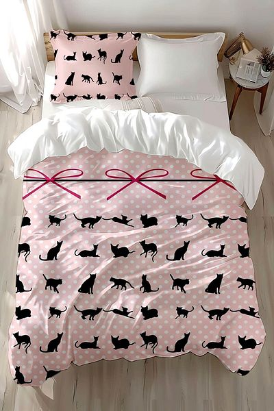 3D ELSE HALI Pink and Black Cat Patterned Cotton Satin Children's Bedding Set - Single