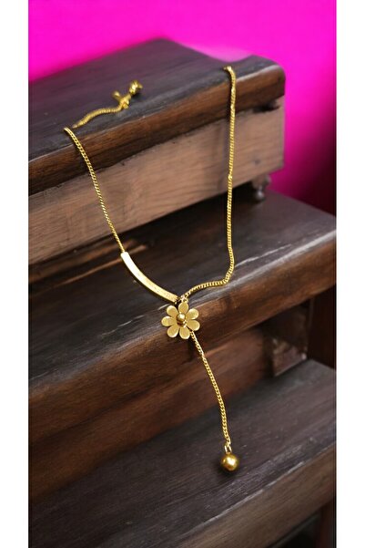 neslim designer Papatya Çiçek Top Sallantı Gold İnce Zincir Çelik Kolye