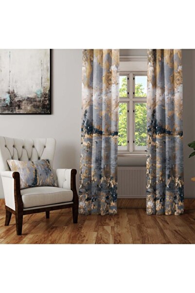 3D ELSE HALI Else Sarı Gri Siyah Batik Vintage Desenli Fon Perde Kil9