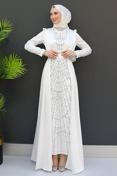 giz astore İşlemeli Pelerinli Abiye Beyaz