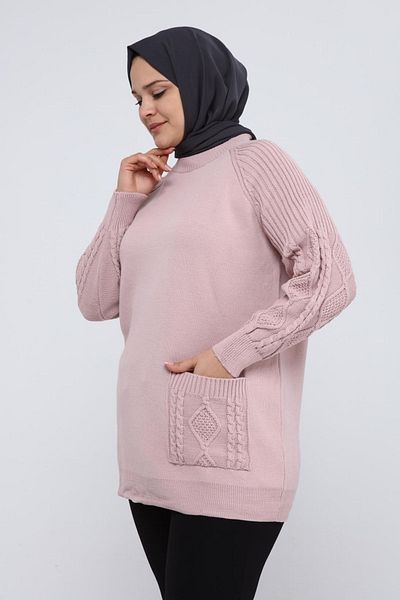 ilmek Women's Large Size Sleeve Hair Braided Pocket Winter Knitwear Tunik 4372