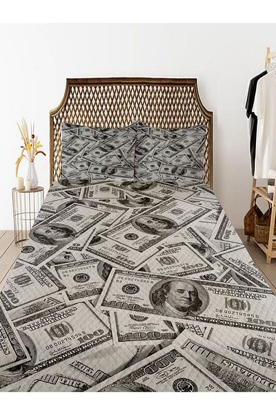 3D ELSE HALI Double Decorative Bedspread - Money Dollar Pattern Printed Pique Set