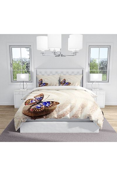 3D ELSE HALI Else Yellow Sandy Blue Butterfly Patterned Modern Double Duvet Cover Set
