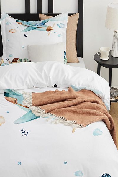 3D ELSE HALI Blue Airplane City Patterned Single Children's Duvet Cover Set Without Sheets