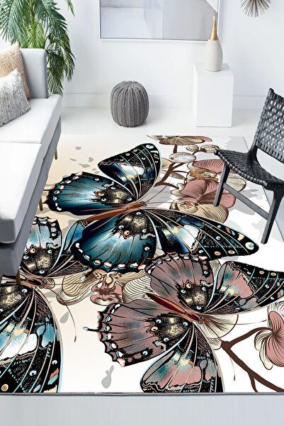 3D ELSE HALI Kahve Kelebekli Desenli Modern Kaymaz Yıkanabilir Mutfak Salon Halısı
