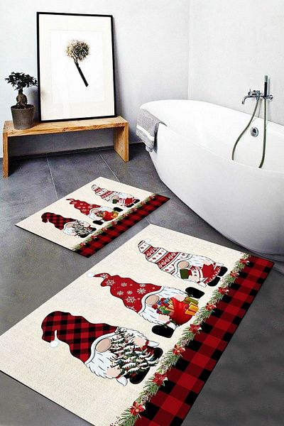 Else Dekor Else Red Cute Gnomes Πρωτοχρονιάτικο που πλένεται αντιολισθητικό σετ καθισμάτων τουαλέτας 2 τεμαχίων Μοκέτα μπάνιου