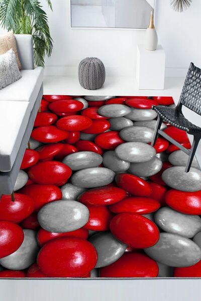 3D ELSE HALI Gri Kırmızı Taşlar Desenli Modern Kaymaz Yıkanabilir Mutfak Salo...