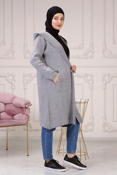 ilmek Hooded Knitwear Long Gray Cardigan – 4300