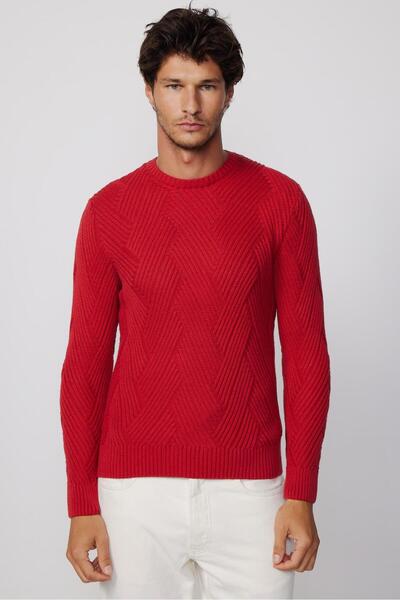 Tudors Men's Crew Neck Patterned Soft Textured Red Knitwear Sweater