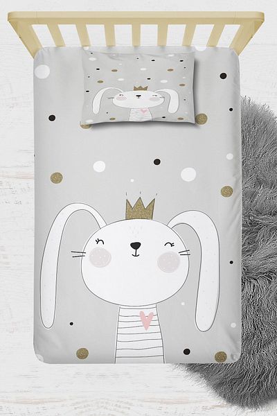 Osso Halı Gray White Black Crowned Rabbit 3D Patterned Elastic Single Children's Bed Sheet Set 90x190cm