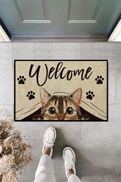 3D ELSE HALI Cat Welcome Patterned Modern Interior and Exterior Door Mat 40x60cm