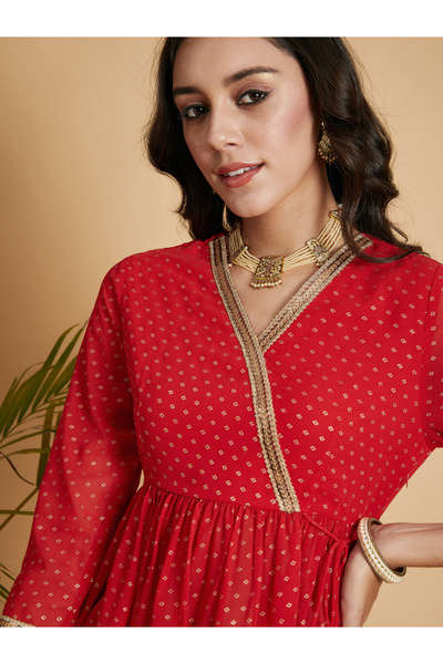 Sassafras By Styli Spot Foil Print  Lace Trim Wrap Peplum Top