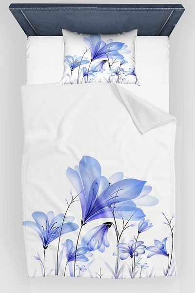 3D ELSE HALI Blue Floral Patterned Printed Decorative Bedspread Single Pillowed Pique Set