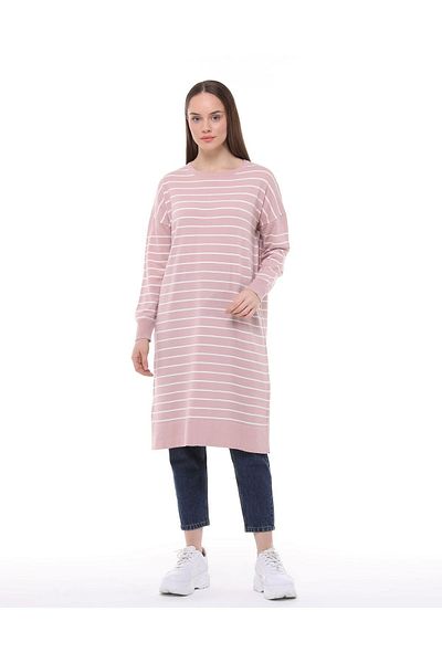 ilmek Women's Powder Pink Striped Long Knitwear Hijab Tunik