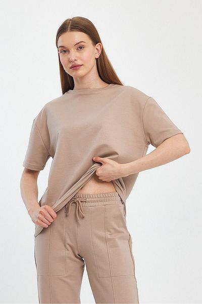 Penyelux Soft Textured Mink Crew Neck 2 Thread Oversize Long Women's T-shirt - Washable