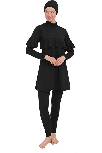 Argisa Flexible Pleated Ruffle Long Sleeve Bustier 4-Piece Set - Princess Full Hijab Swimsuit 7556 Black