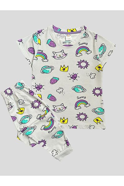 elmas kids Girl's 100% Cotton Rainbow Strawberry Heart Patterned Short Sleeve Summer Pajamas Set