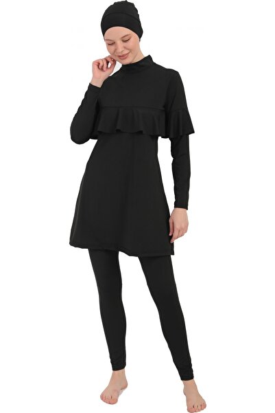 Argisa Flexible Pleated Ruffle Long Sleeve Bustier 4-Piece Set - Princess Full Hijab Swimsuit 7556 Black